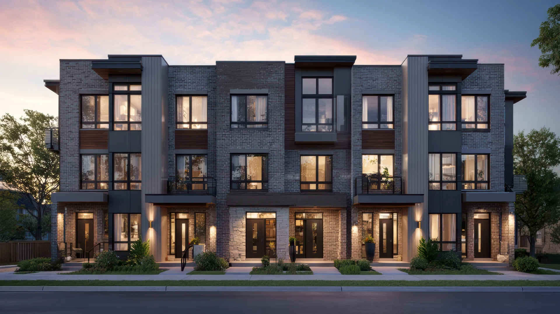 Fachada de condomínio residencial contemporâneo sob céu de entardecer em tons de âmbar, contexto de regularização imobiliária